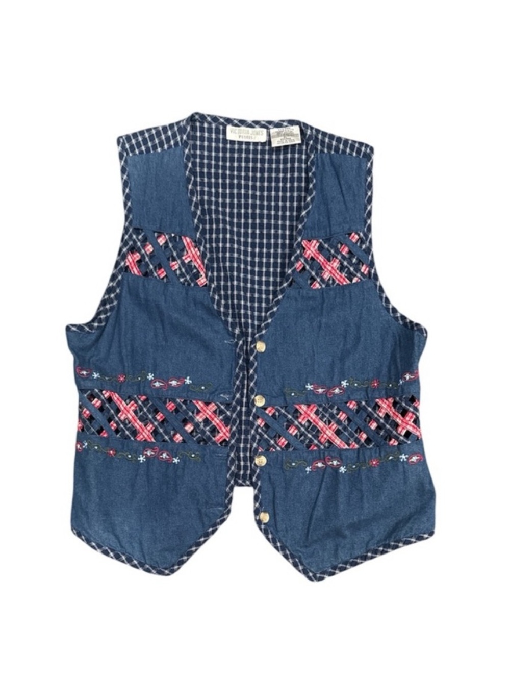 Victoria Jones Woman Blue Denim Vest with Pink Embroidered Accents
